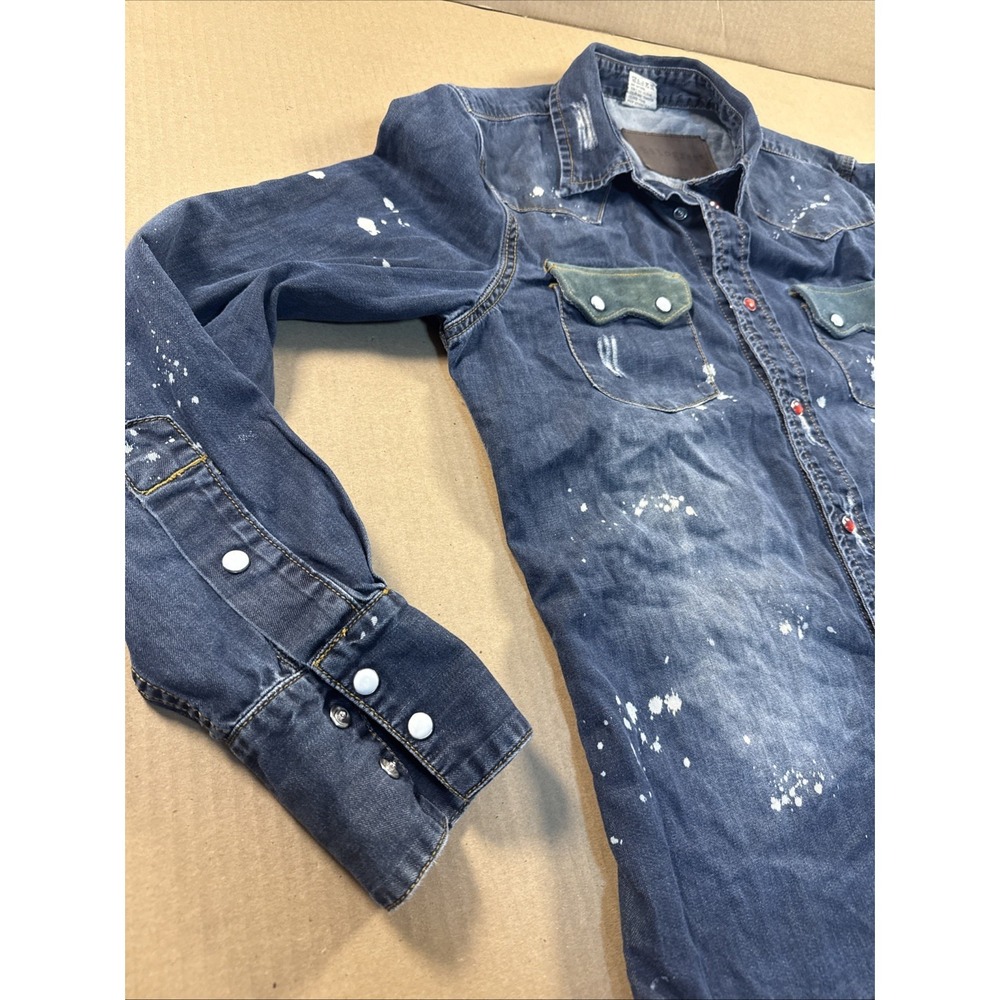 Distressed Western Pearl snap Denim Button-Up Shirt Size Medium, Kilogram - Picture 7 of 9